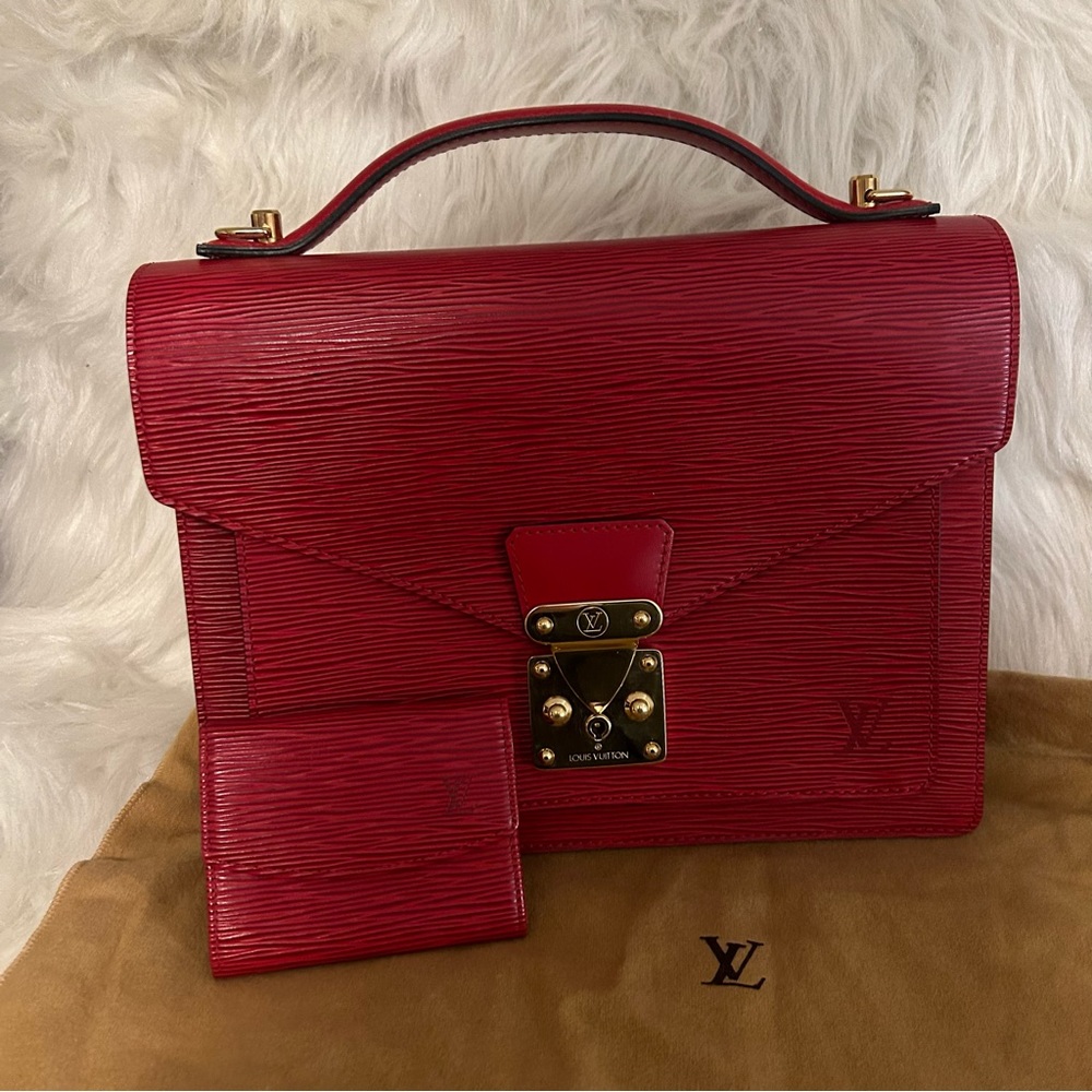 Authentic Louis Vuitton Red Epi Monceau w/ matching coin pouch